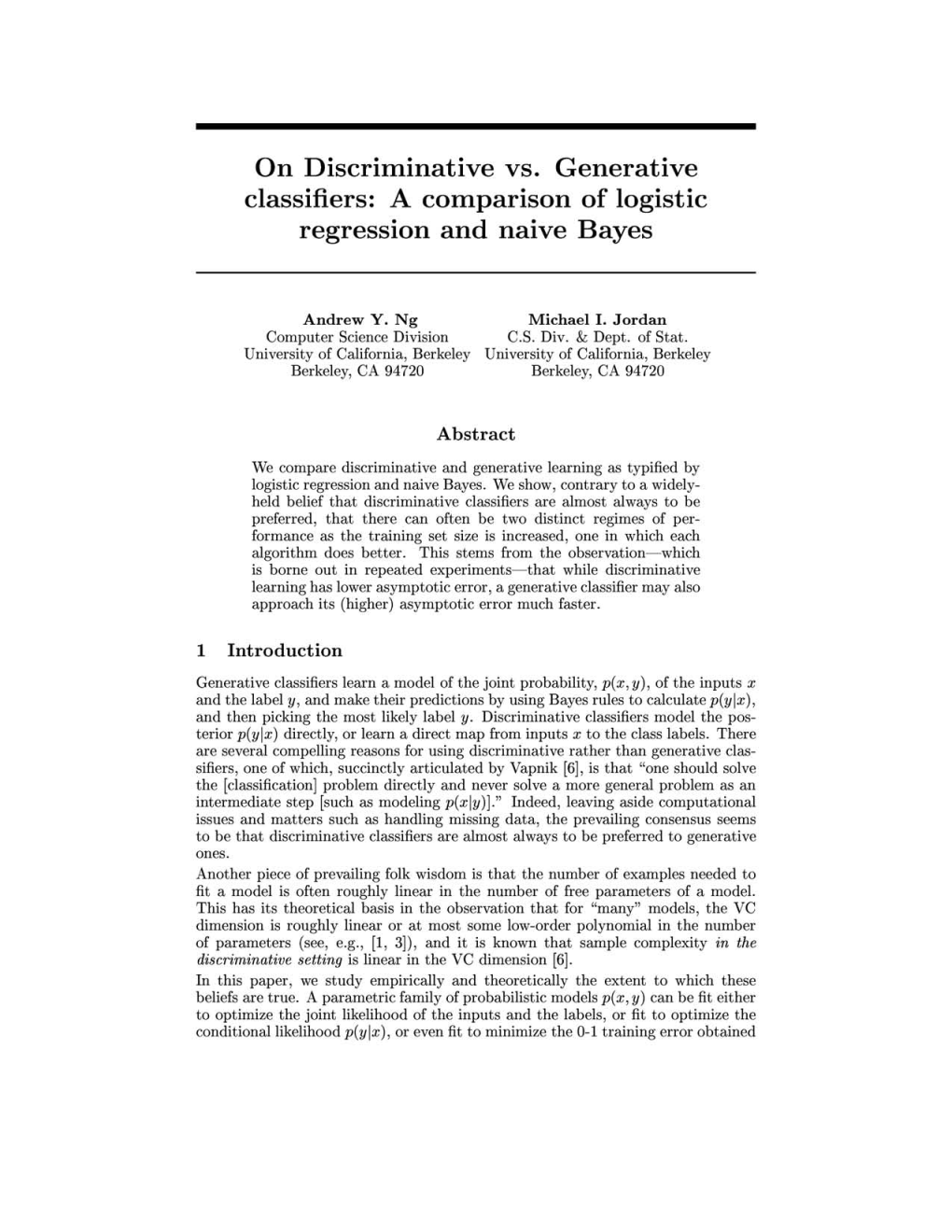 A Comparison of Logistic Regression and Naive Bayes