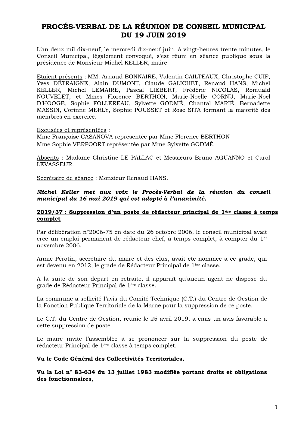 Procés-Verbal De La Réunion De Conseil Municipal Du 19 Juin 2019