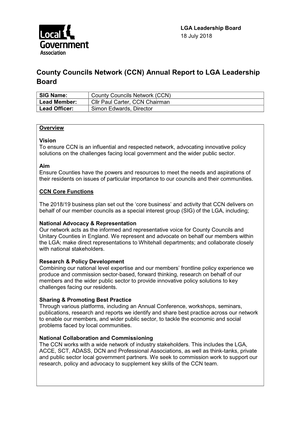 County Councils Network (CCN) Annual Report to LGA Leadership Board
