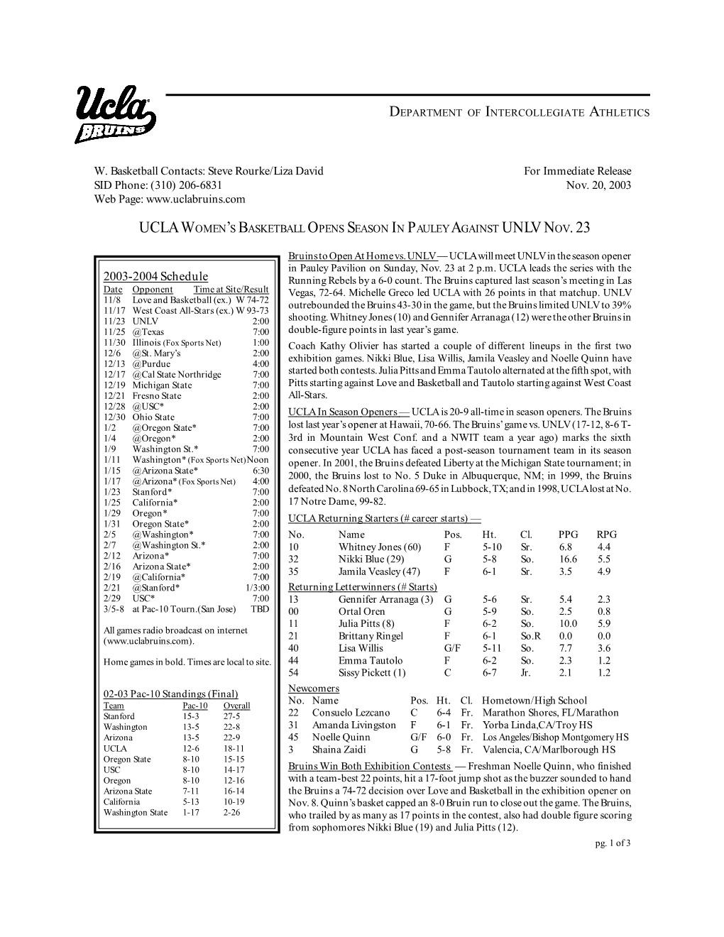 2003-2004 Schedule Running Rebels by a 6-0 Count