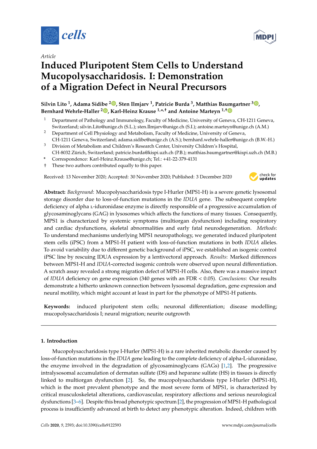 Induced Pluripotent Stem Cells to Understand Mucopolysaccharidosis. I: Demonstration of a Migration Defect in Neural Precursors