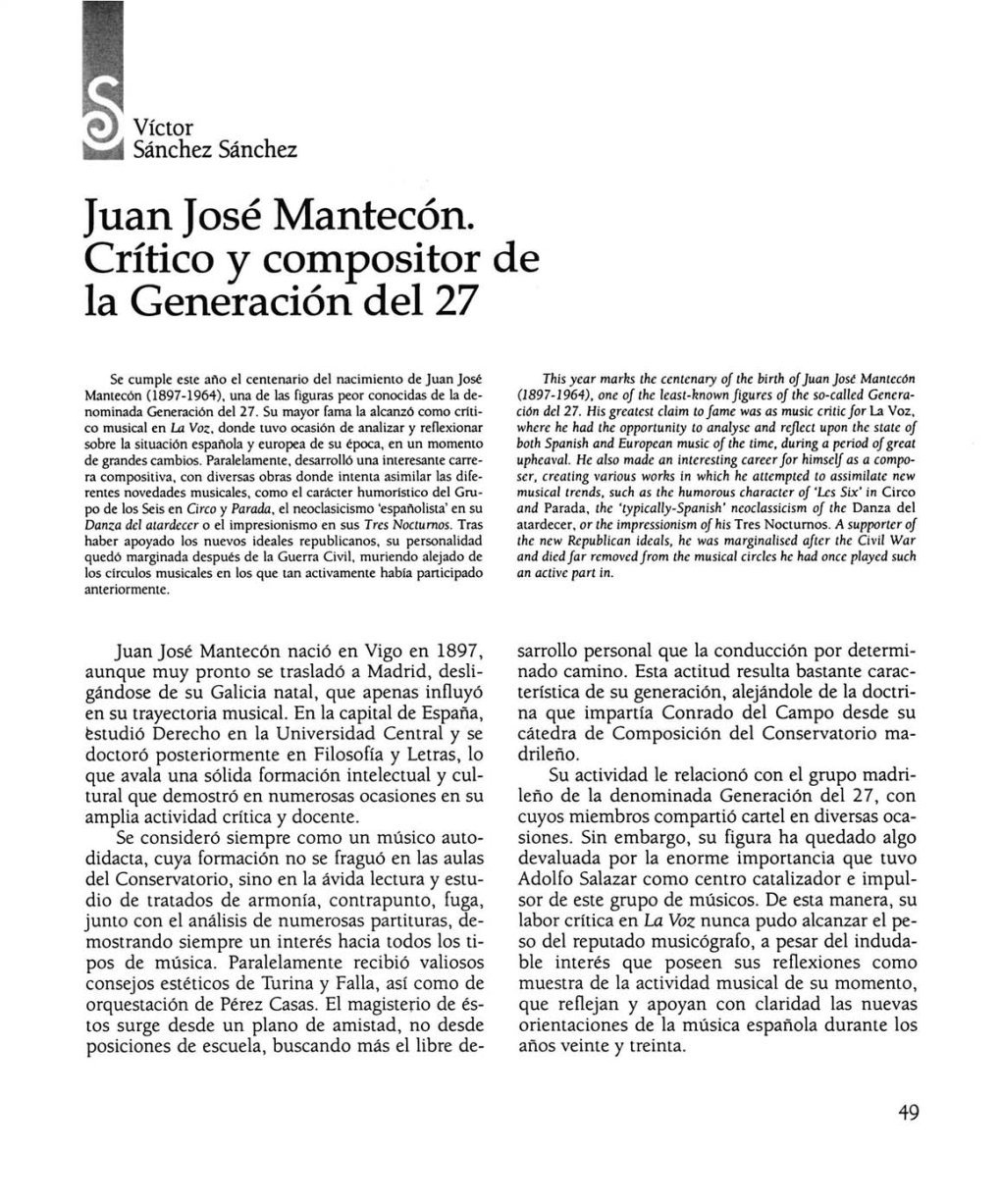 Juan José Mantecón. Crítico Y Compositor De La Generación Del 27