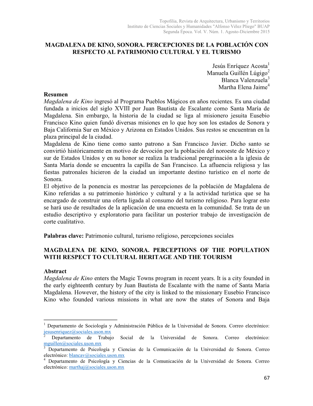 Magdalena De Kino, Sonora. Percepciones De La Población Con Respecto Al Patrimonio Cultural Y El Turismo