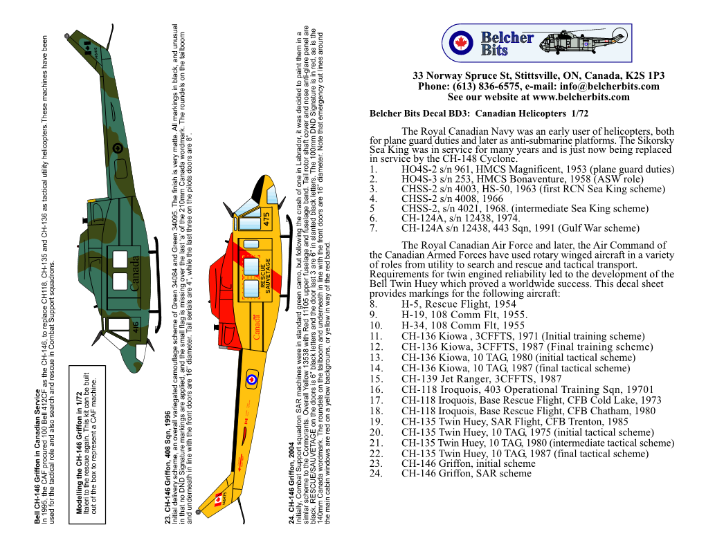 Belcher Bits Decal BD3: Canadian Helicopters 1/72
