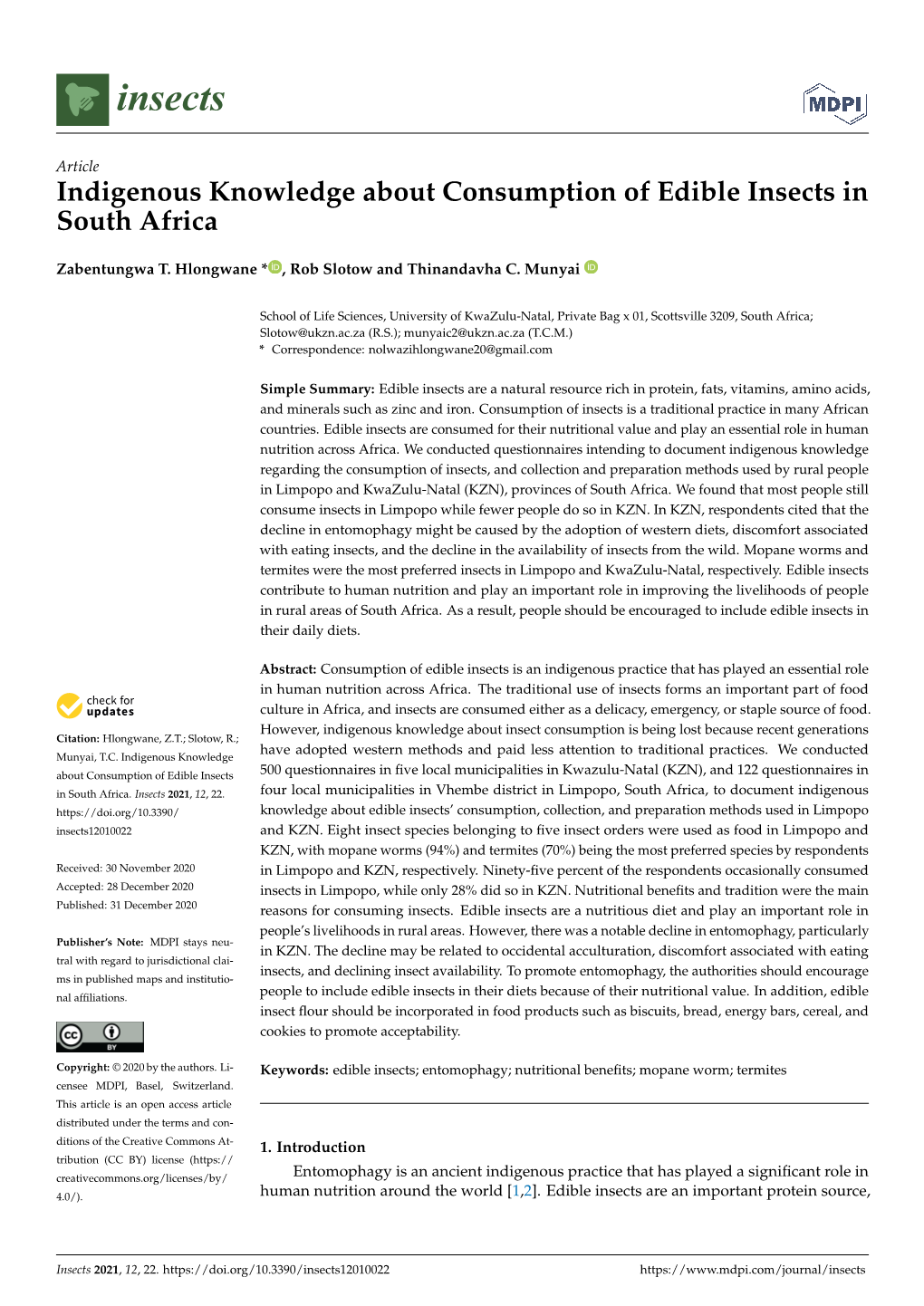 Indigenous Knowledge About Consumption of Edible Insects in South Africa