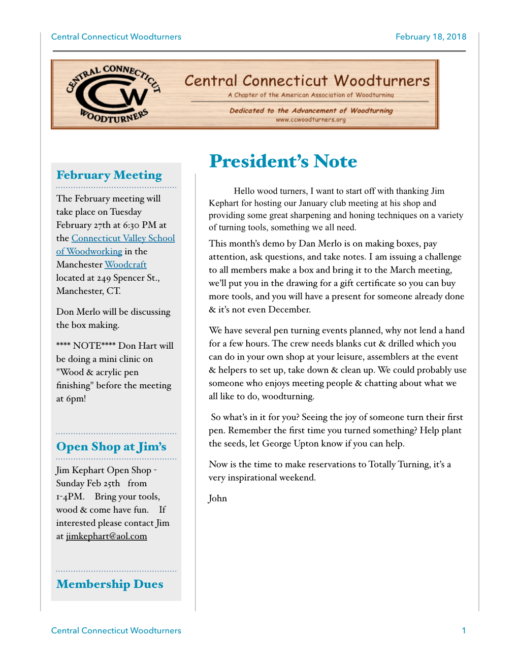 CCW February 2018 Newsletter