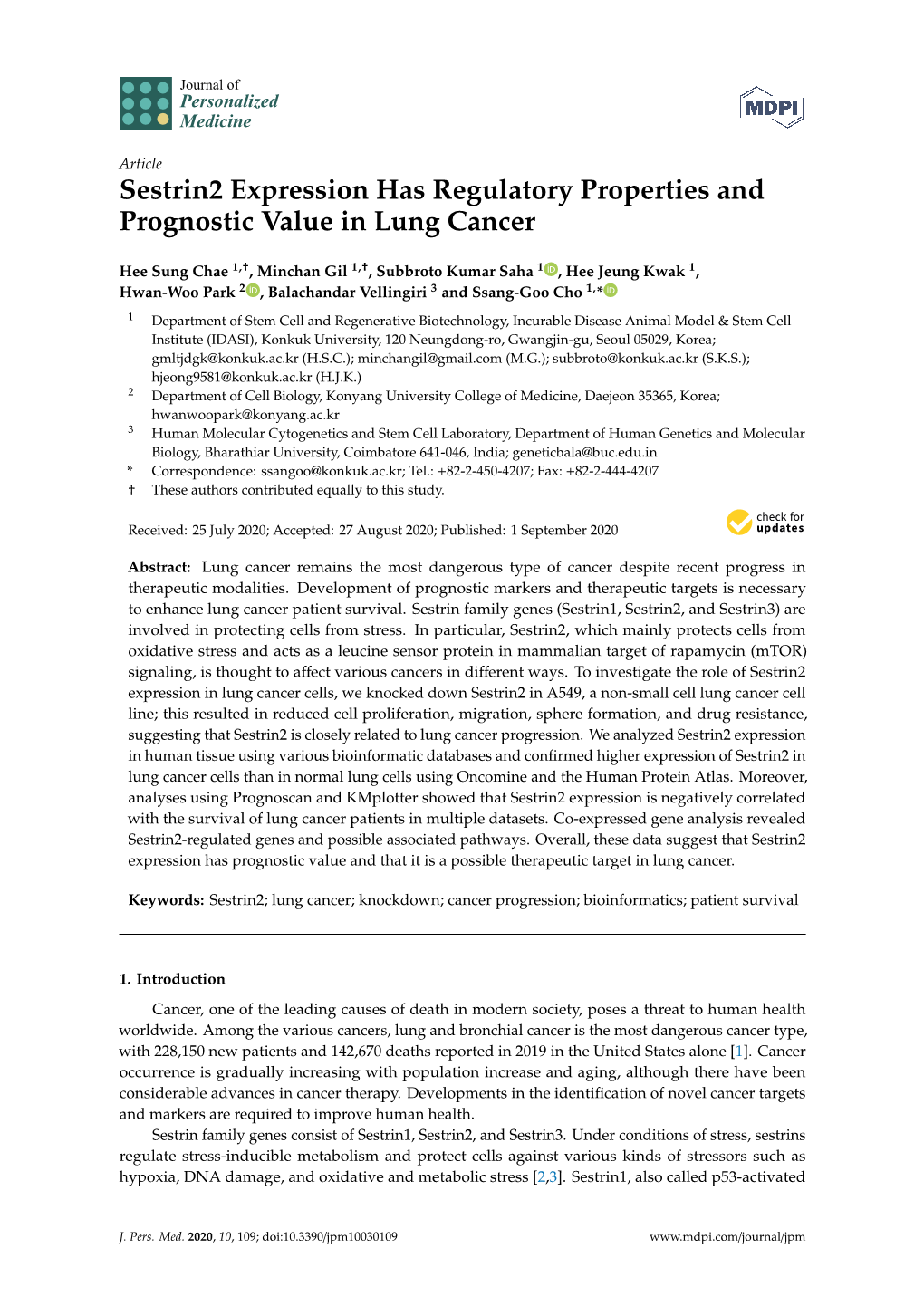 Sestrin2 Expression Has Regulatory Properties and Prognostic Value in Lung Cancer