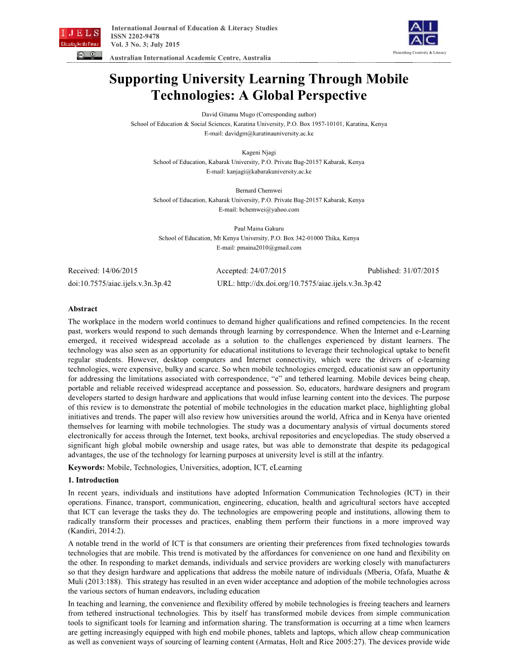 Supporting University Learning Through Mobile Technologies: a Global Perspective