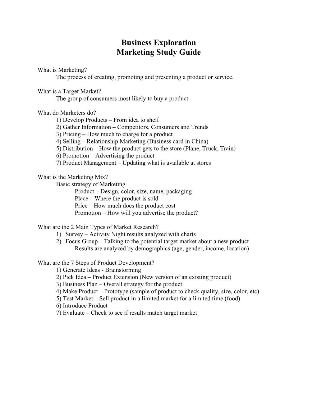 BE Marketing Study Guide