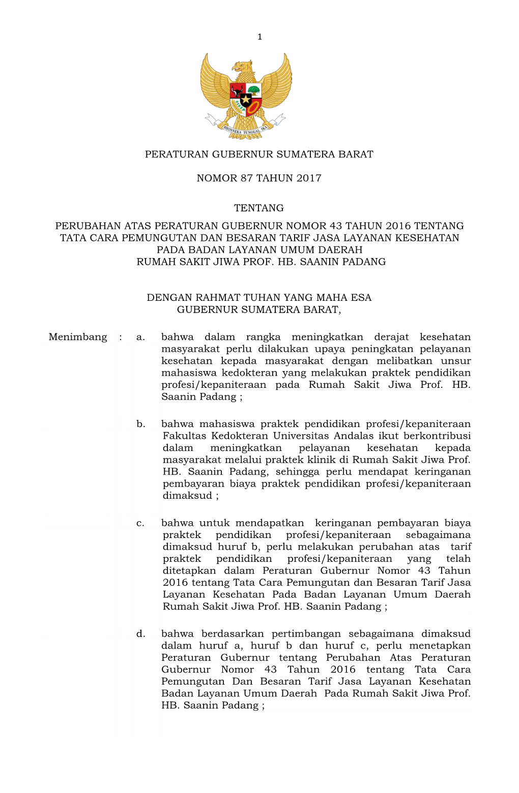 Peraturan Gubernur Sumatera Barat Nomor 87 Tahun 2017