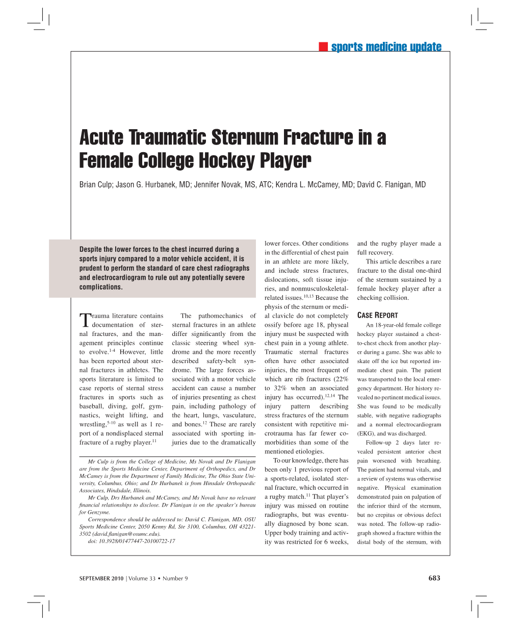 Acute Traumatic Sternum Fracture in a Female College Hockey Player