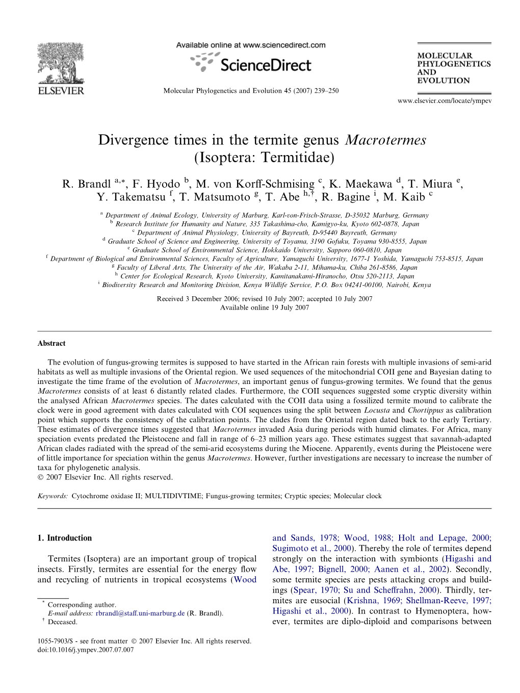 Divergence Times in the Termite Genus Macrotermes (Isoptera: Termitidae)