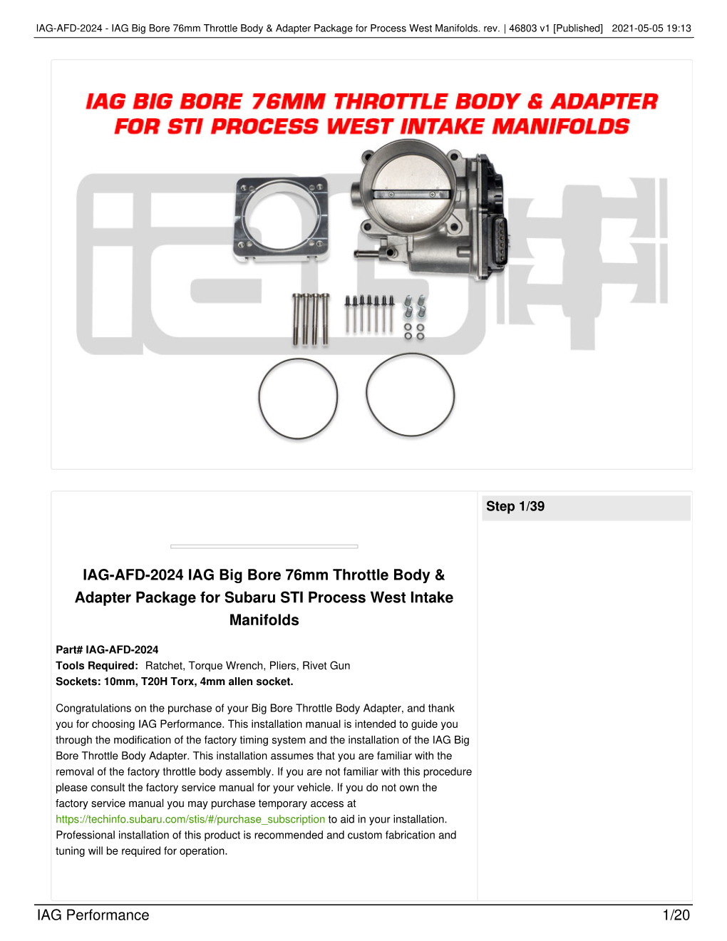 IAG Big Bore 76Mm Throttle Body & Adapter Package for Subaru STI