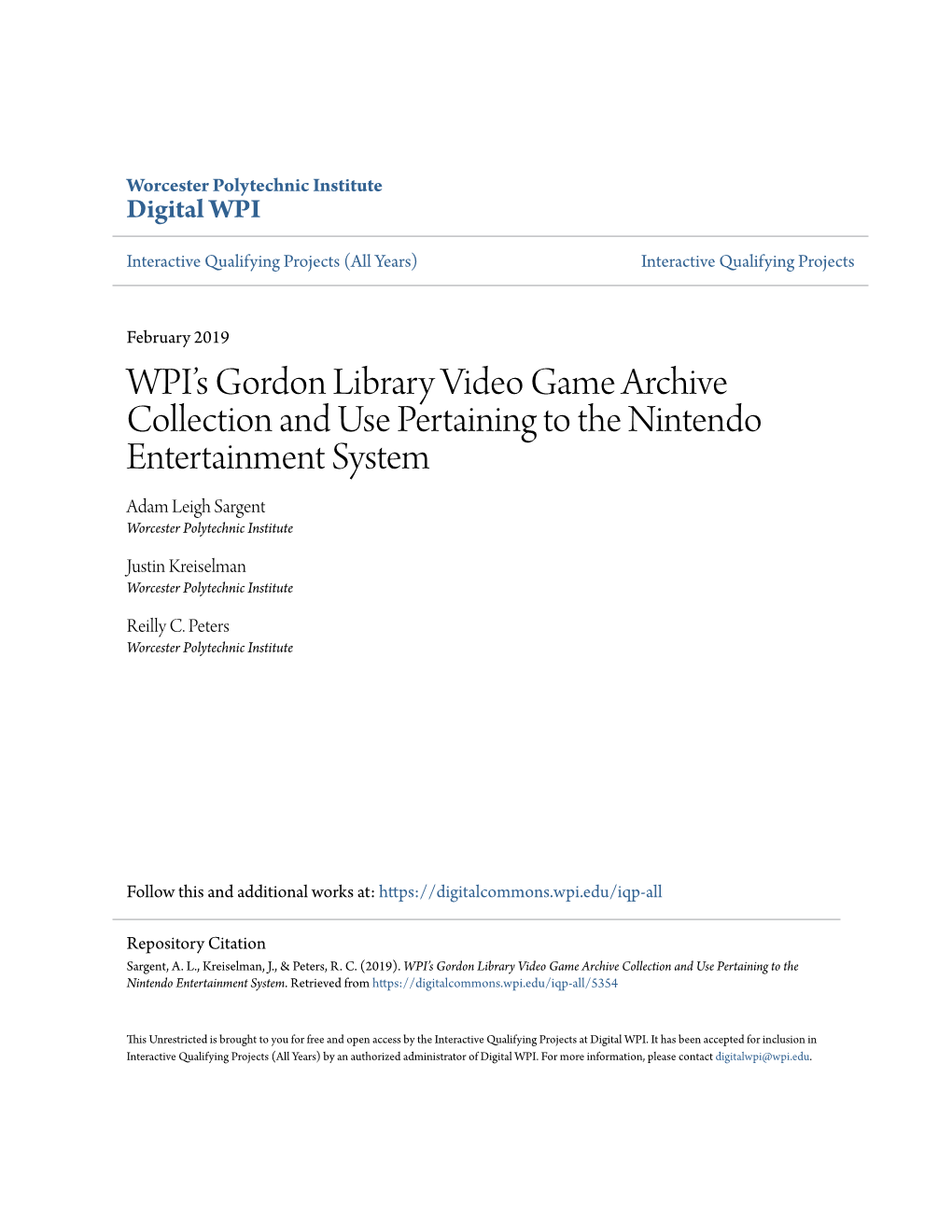 Wpiâ•Žs Gordon Library Video Game Archive Collection and Use