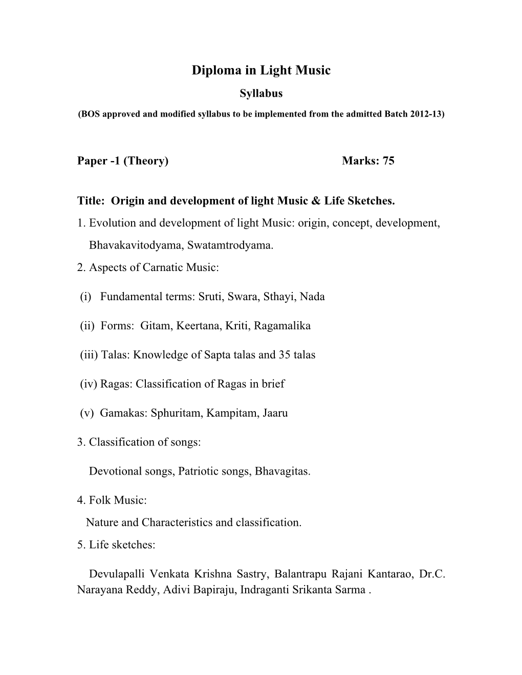 Diploma in Light Music Syllabus