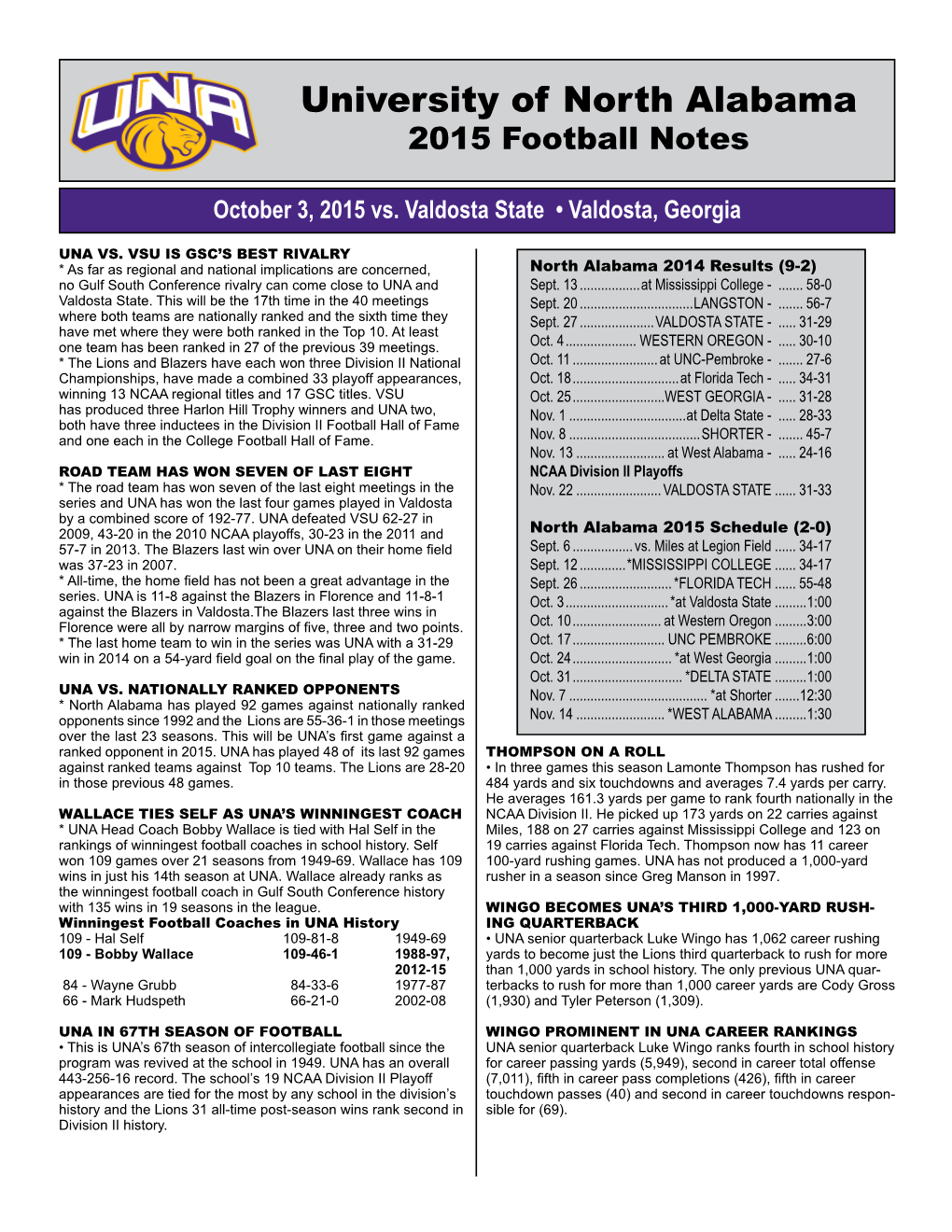 North Alabama Game Notes