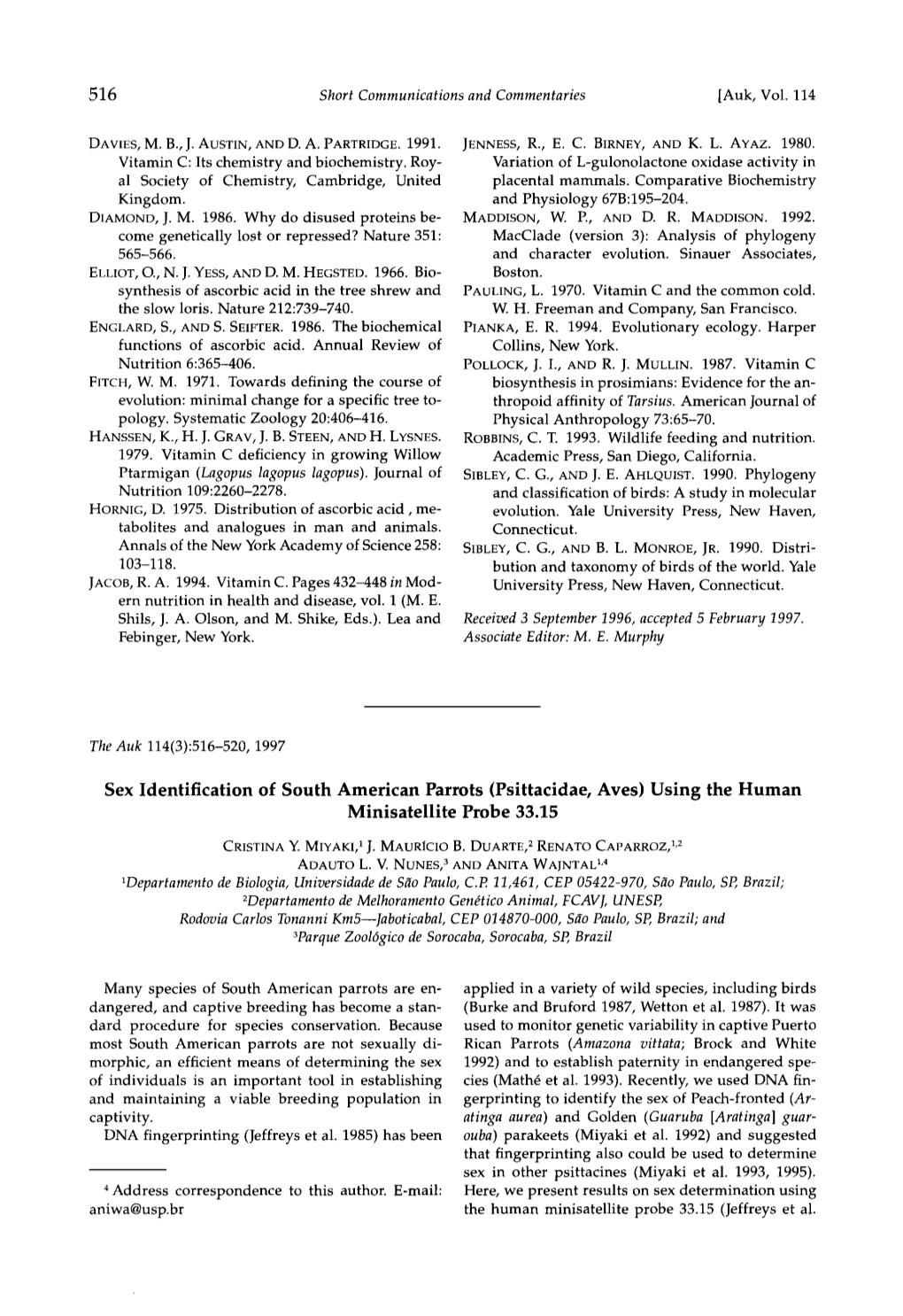 Sex Identification of South American Parrots (Psittacidae, Aves) Using