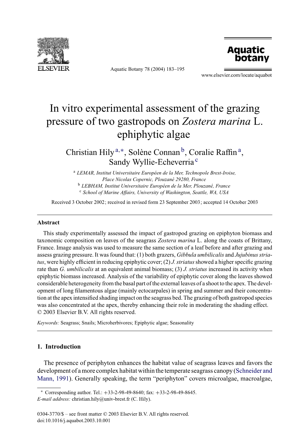 In Vitro Experimental Assessment of the Grazing Pressure of Two Gastropods on Zostera Marina L. Ephiphytic Algae
