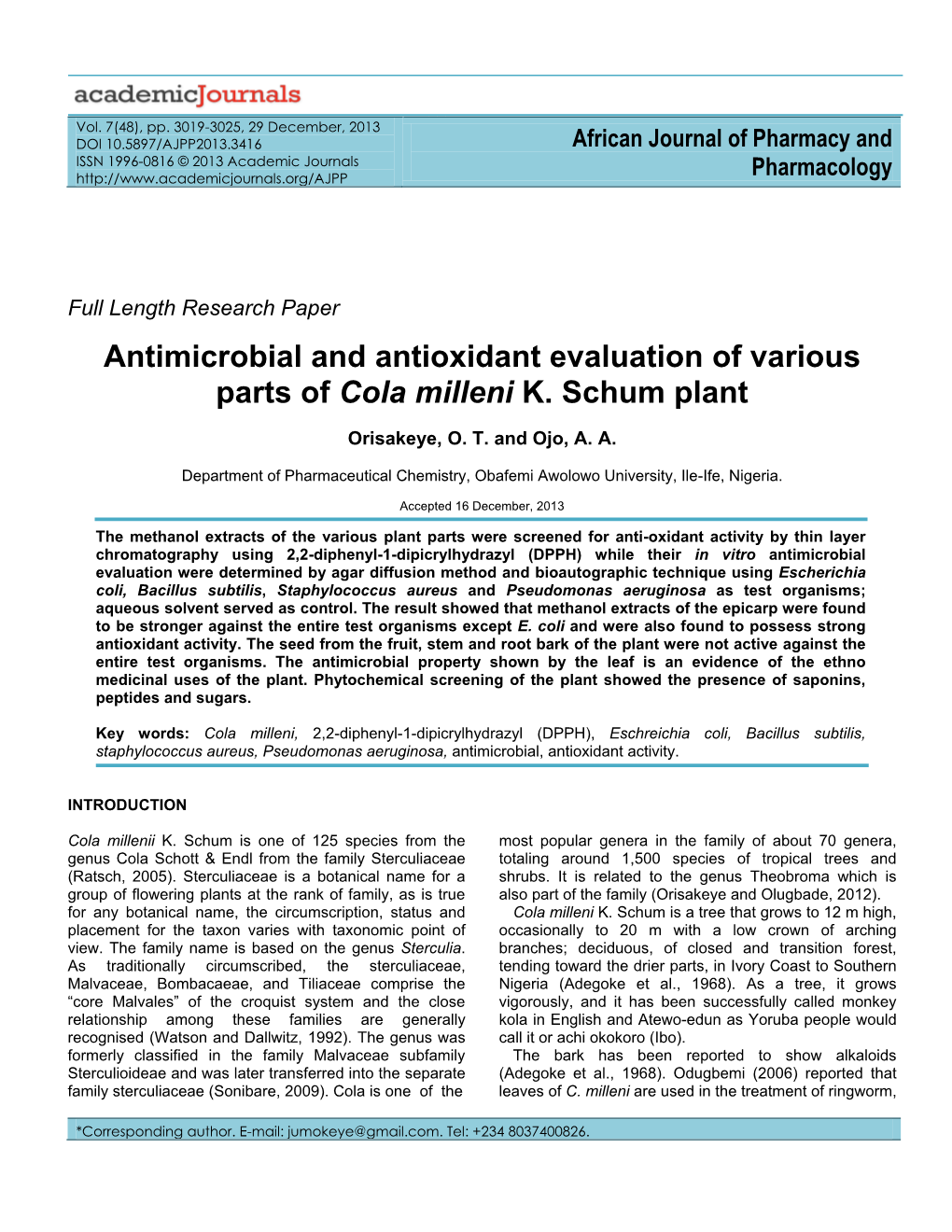 Antimicrobial and Antioxidant Evaluation of Various Parts of Cola Milleni K