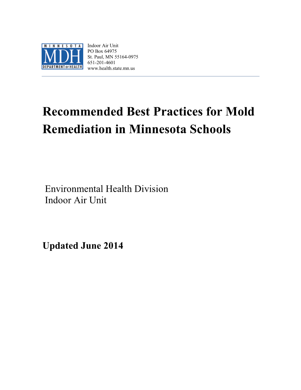 Recommended Best Practices for Mold Remediation in Minnesota Schools