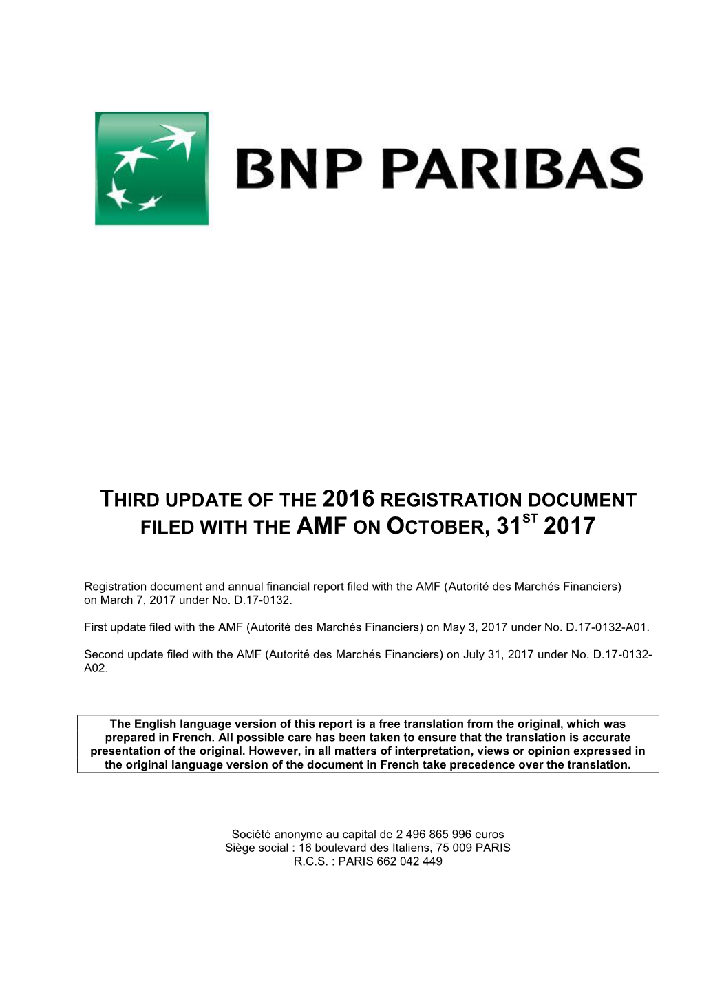 Third Update of the 2016 Registration Document Filed with the Amf on October, 31St 2017