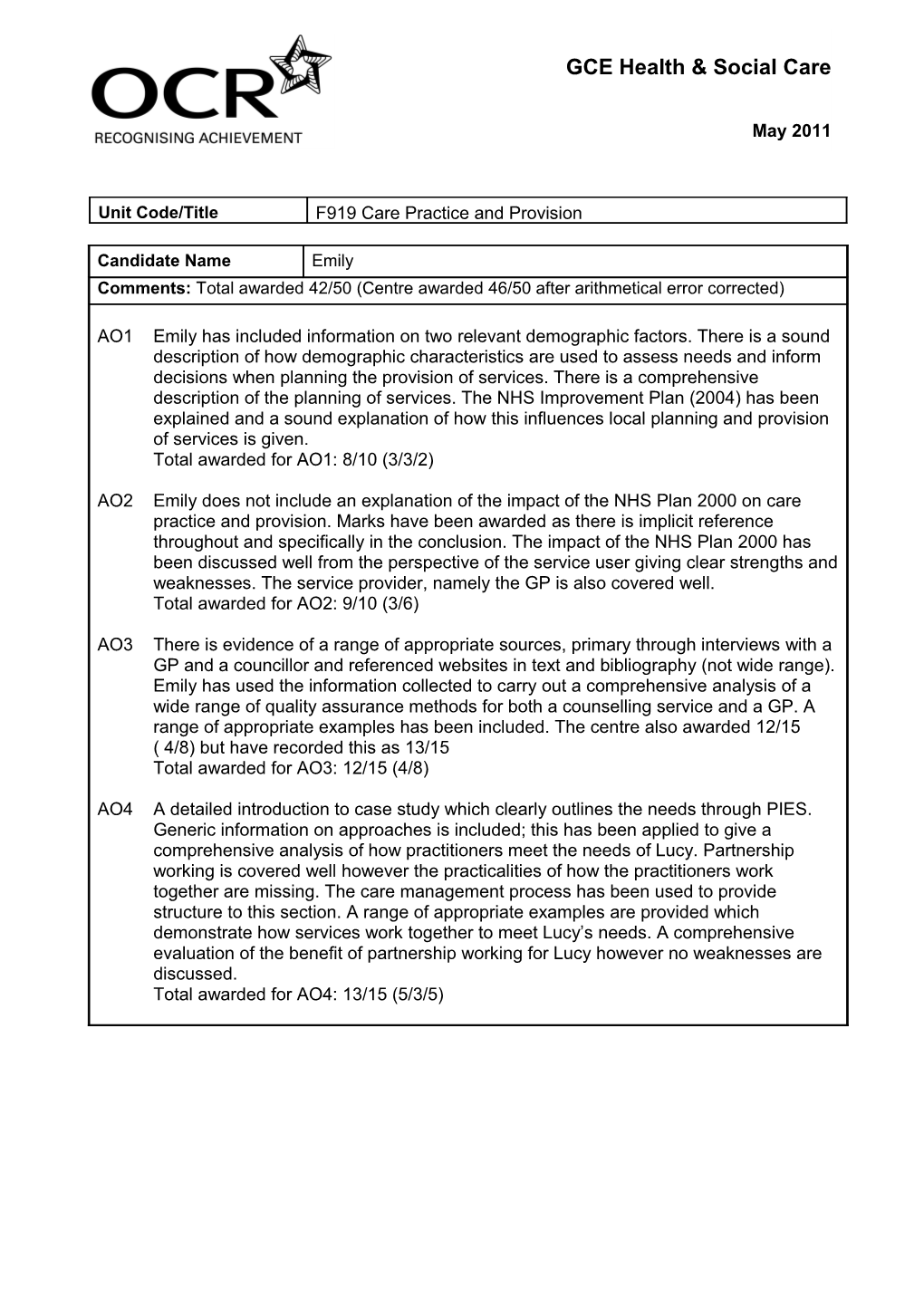 F919 Care Practice and Provision