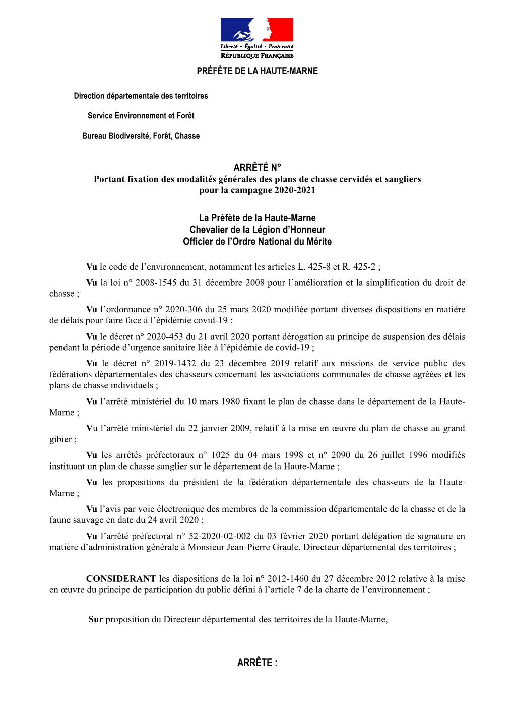 ARRÊTÉ N° Portant Fixation Des Modalités Générales Des Plans De Chasse Cervidés Et Sangliers Pour La Campagne 2020-2021