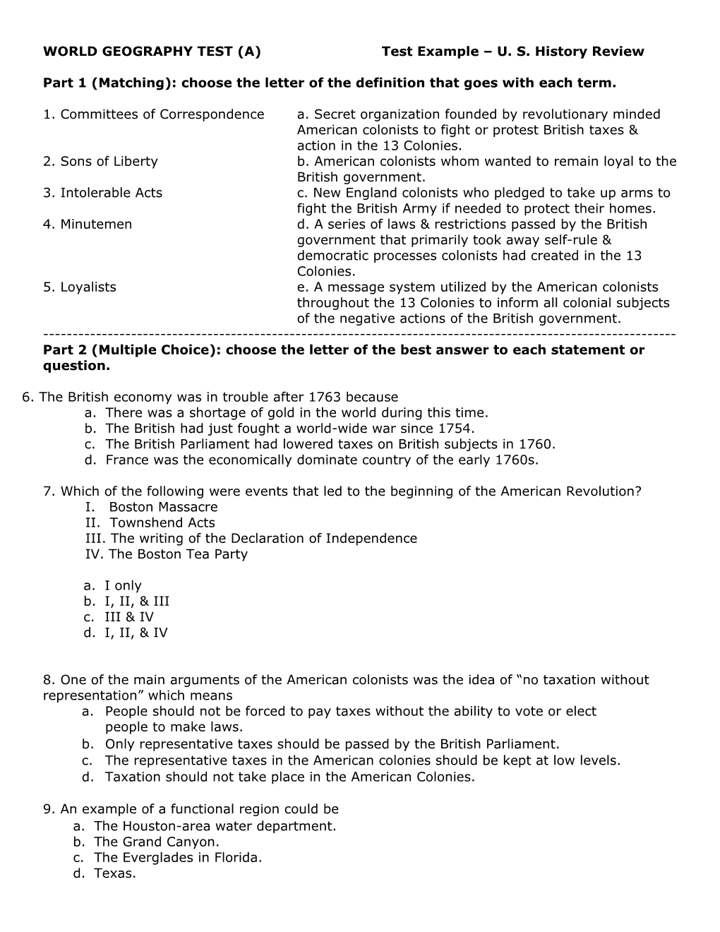 WORLD GEOGRAPHY TEST (A) Test Example U. S. History Review