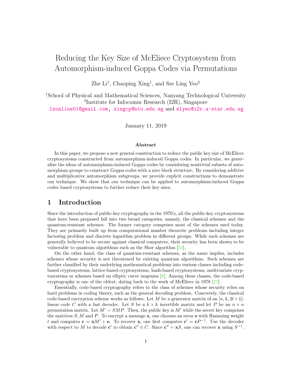 Reducing the Key Size of Mceliece Cryptosystem from Automorphism-Induced Goppa Codes Via Permutations