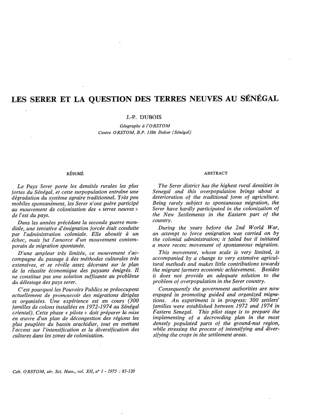 Les Serer Et La Question Des Terres Neuves Au Sénégal