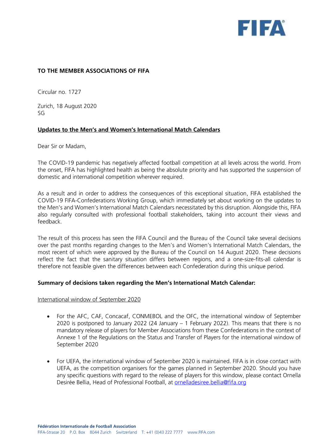 TO the MEMBER ASSOCIATIONS of FIFA Circular No. 1727 Zurich