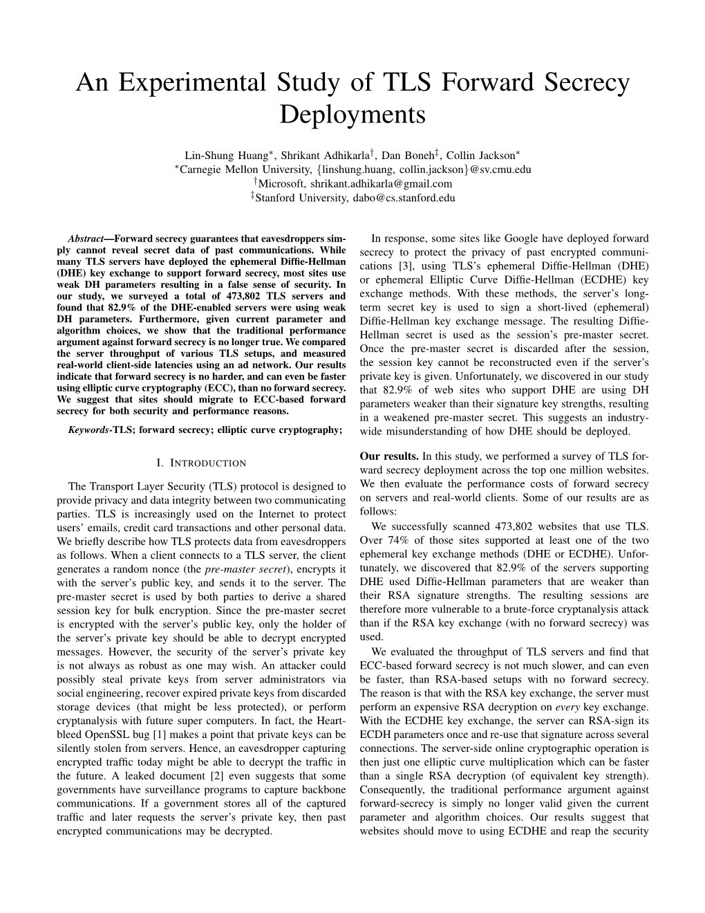 An Experimental Study of TLS Forward Secrecy Deployments