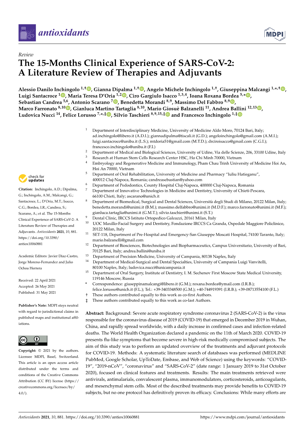 The 15-Months Clinical Experience of SARS-Cov-2: a Literature Review of Therapies and Adjuvants