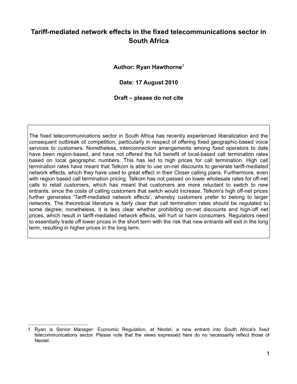 Tariff-Mediated Network Effects in the Fixed Telecommunications Sector in South Africa