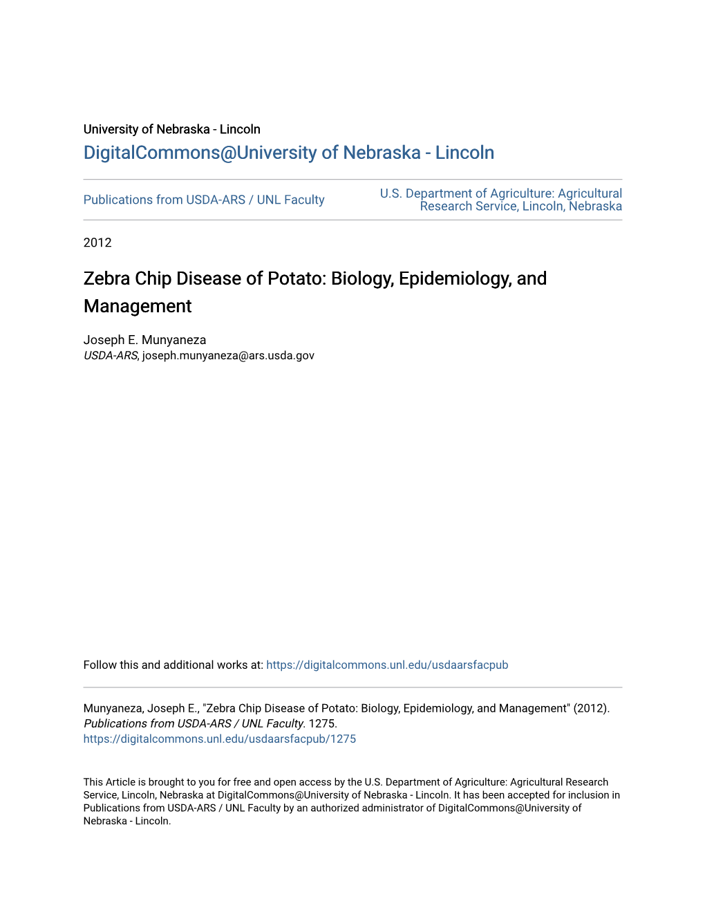 Zebra Chip Disease of Potato: Biology, Epidemiology, and Management