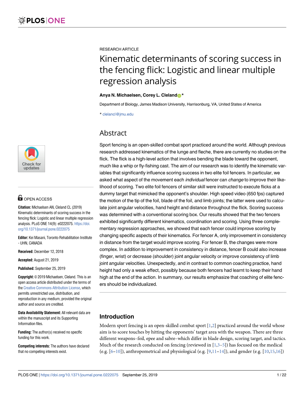 Kinematic Determinants of Scoring Success in the Fencing Flick: Logistic and Linear Multiple Regression Analysis