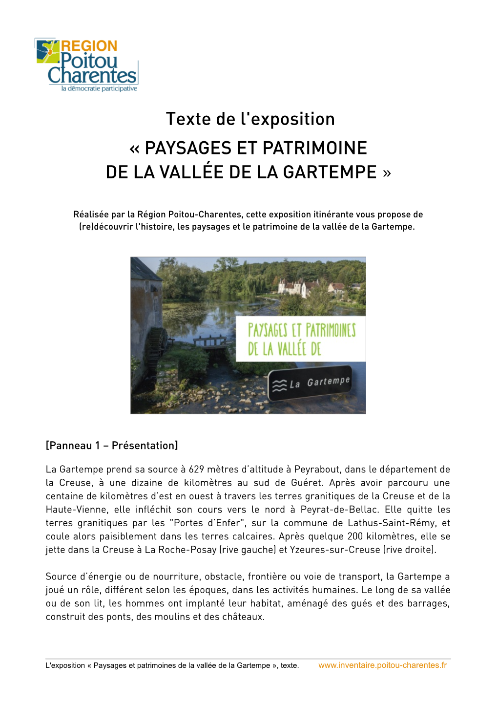 Texte De L'exposition « PAYSAGES ET PATRIMOINE DE LA VALLÉE DE LA GARTEMPE »