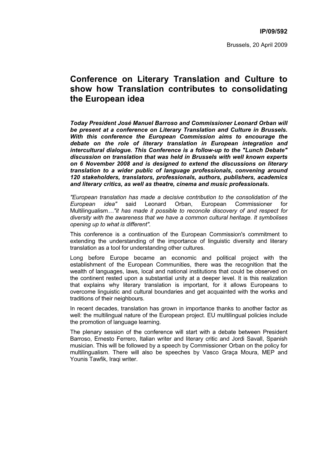 Conference on Literary Translation and Culture to Show How Translation Contributes to Consolidating the European Idea