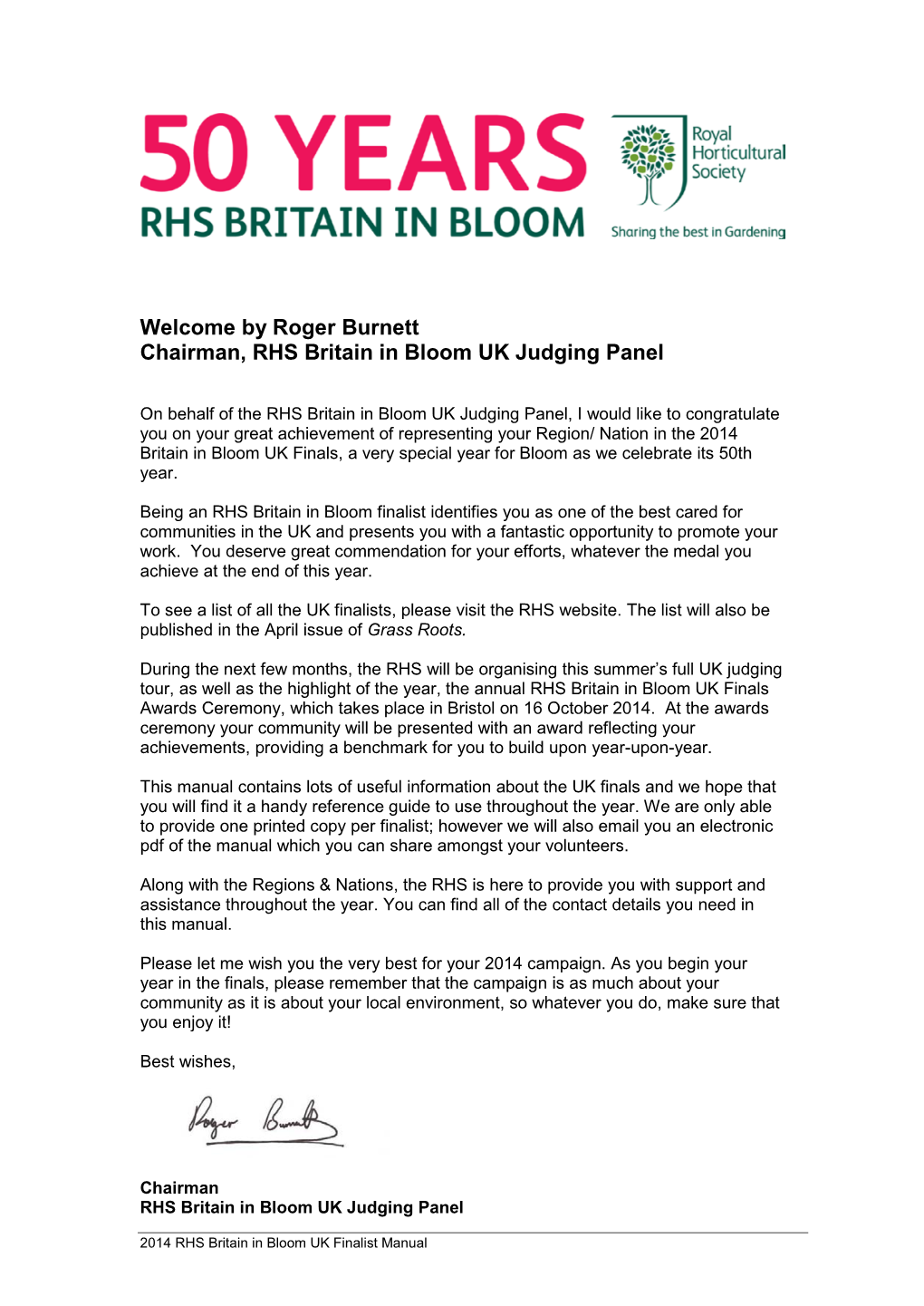 Information for Finalists of RHS Britain in Bloom 2014