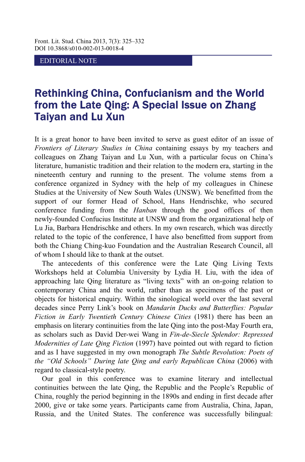 Rethinking China, Confucianism and the World from the Late Qing: a Special Issue on Zhang Taiyan and Lu Xun