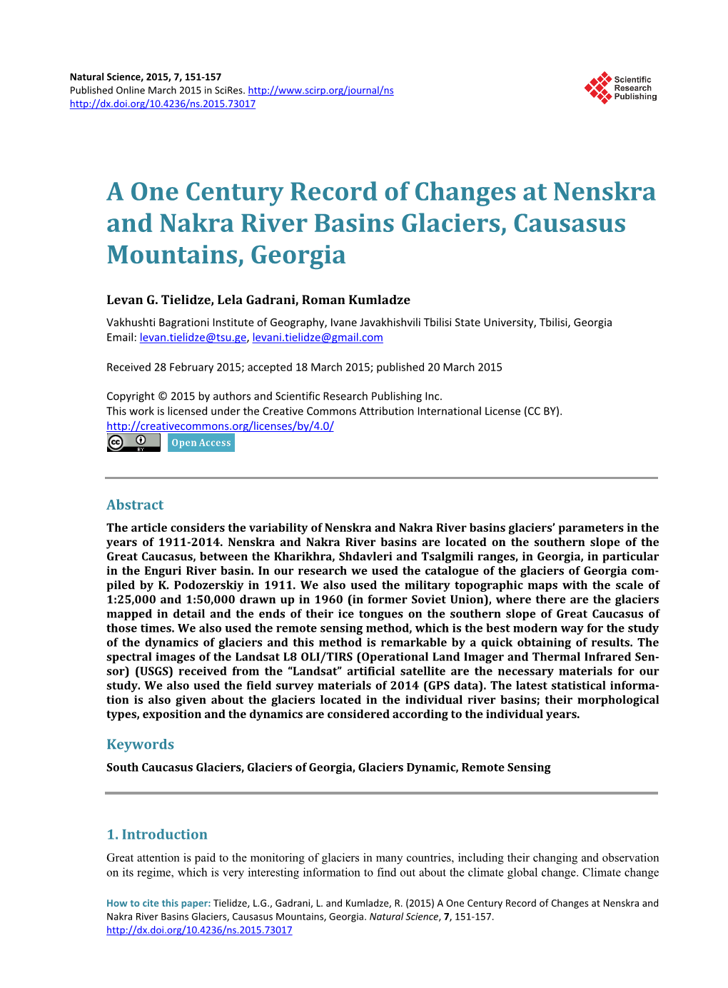 A One Century Record of Changes at Nenskra and Nakra River Basins Glaciers, Causasus Mountains, Georgia