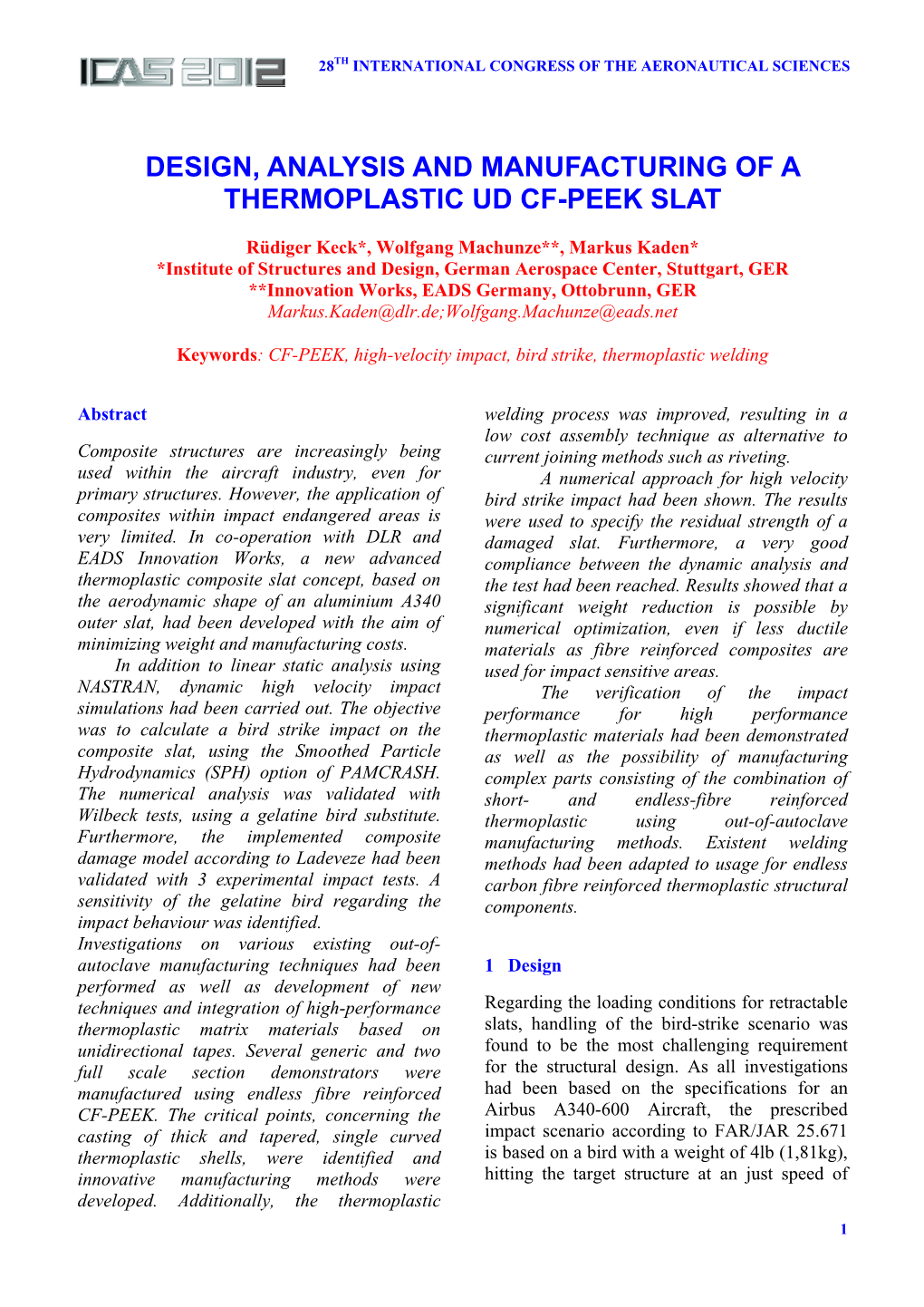 Design, Analysis and Manufacturing of a Thermoplastic Ud Cf-Peek Slat