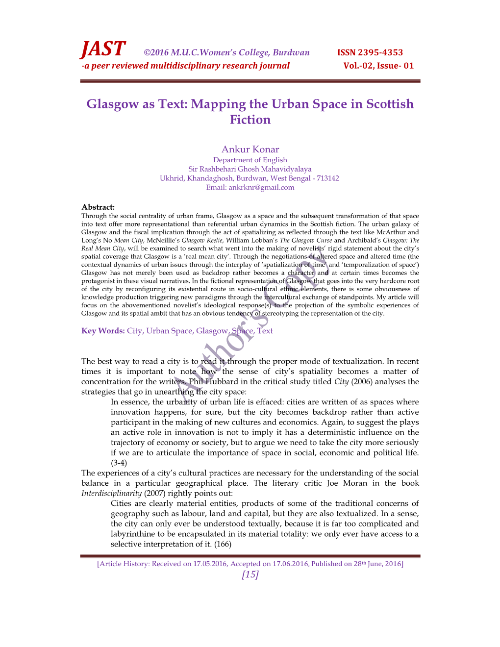 Glasgow As Text: Mapping the Urban Space in Scottish Fiction