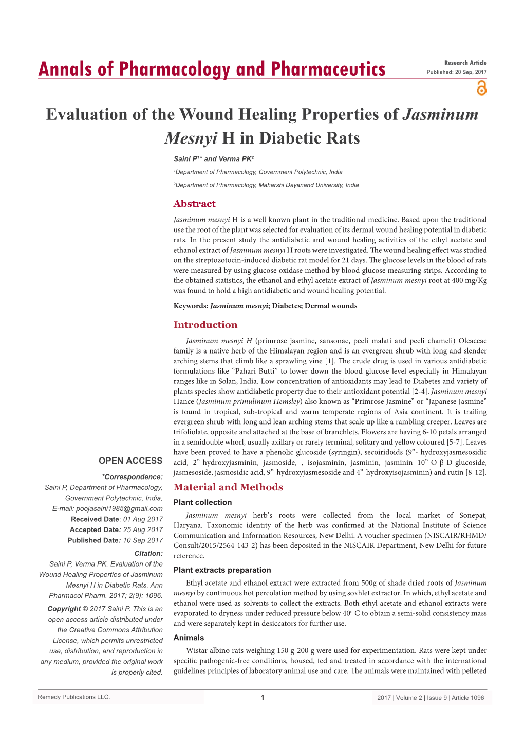 Evaluation of the Wound Healing Properties of Jasminum Mesnyi H in Diabetic Rats