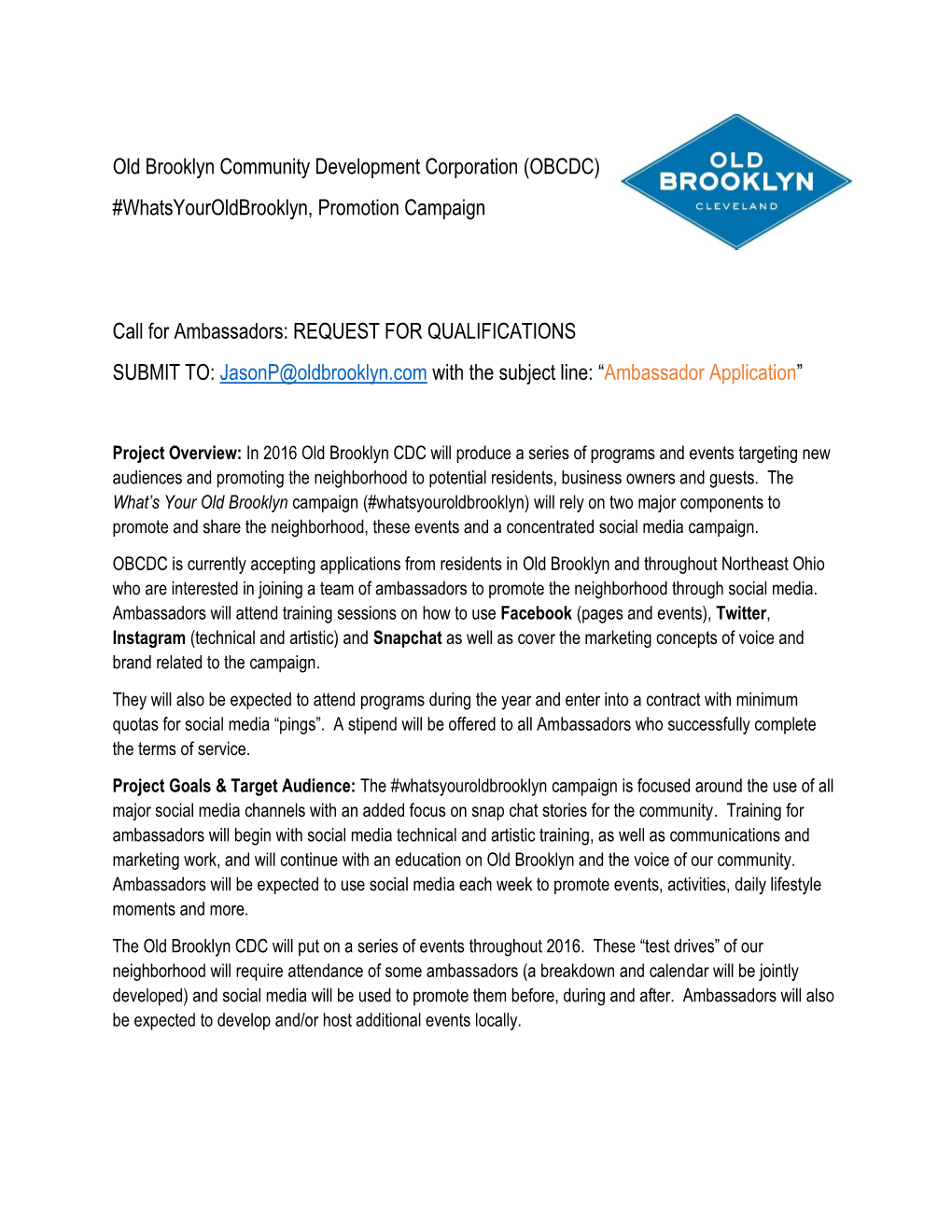 Old Brooklyn Community Development Corporation (OBCDC) #Whatsyouroldbrooklyn, Promotion Campaign Call for Ambassadors: REQUEST F