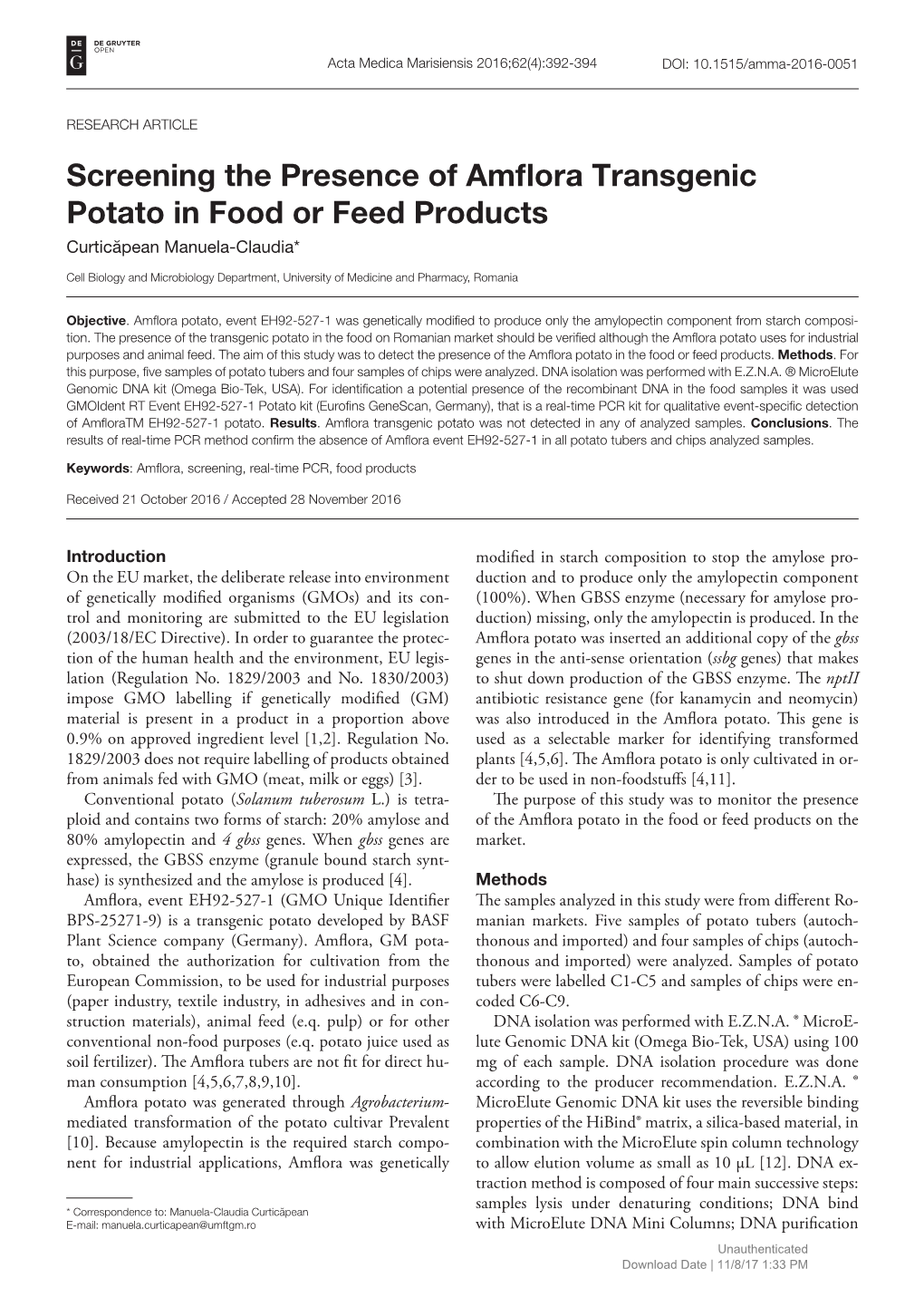 Screening the Presence of Amflora Transgenic Potato in Food Or Feed Products Curticăpean Manuela-Claudia*