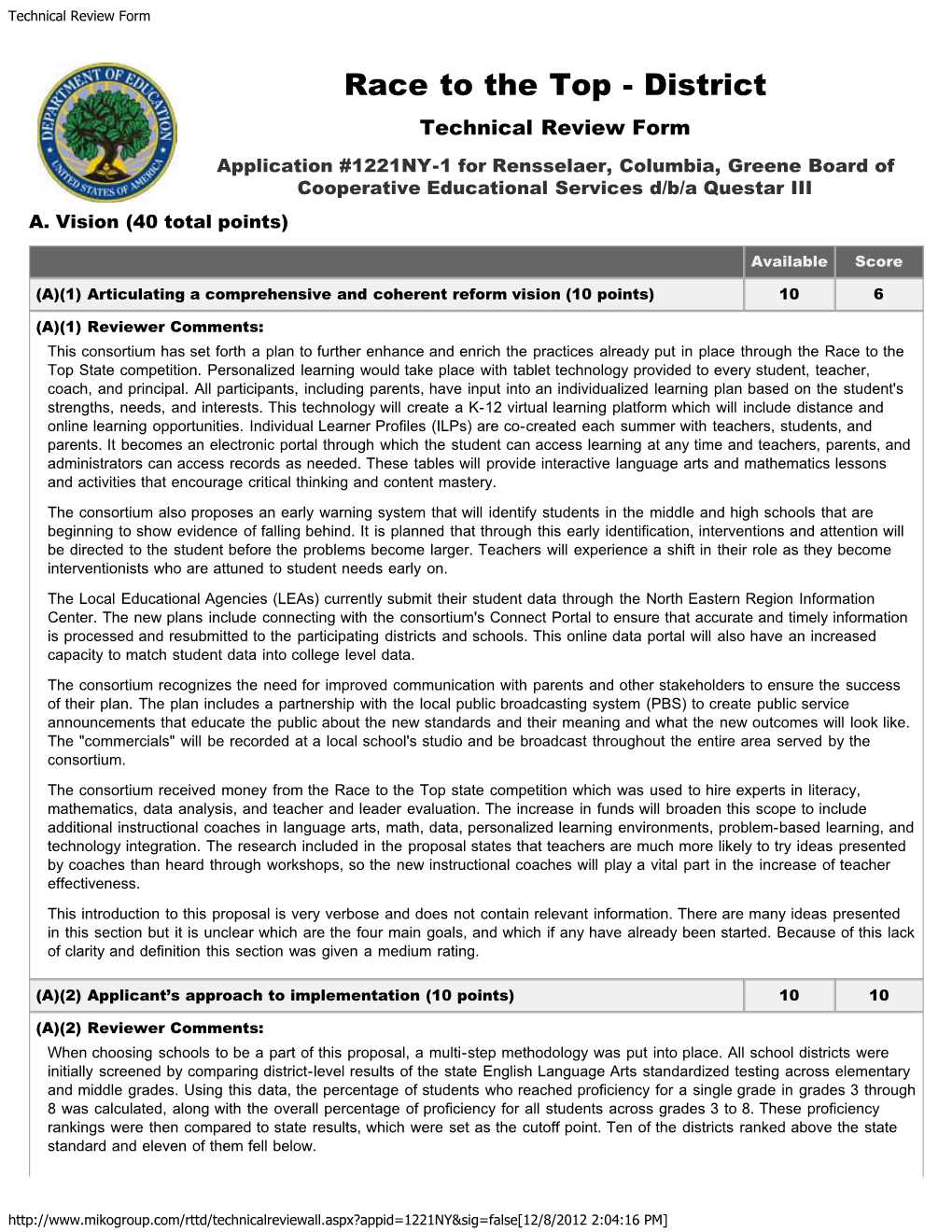 Rensselaer, Columbia, Greene Board of Cooperative Educational Services D/B/A Questar III, NY: Race to the Top--District, Technic