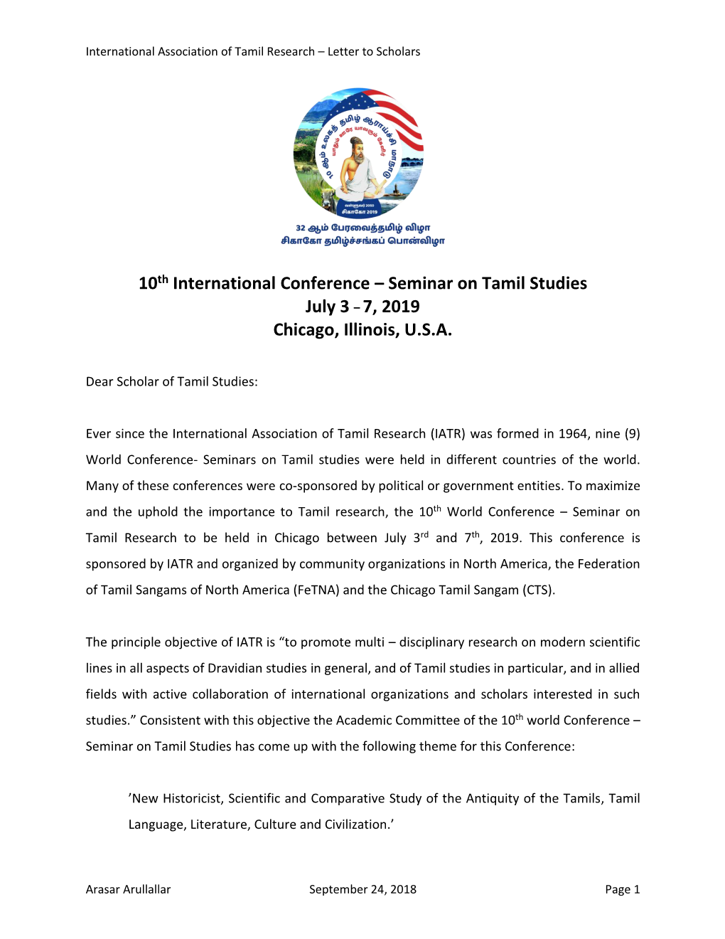 10Th International Conference – Seminar on Tamil Studies July 3 7, 2019 Chicago, Illinois, U.S.A