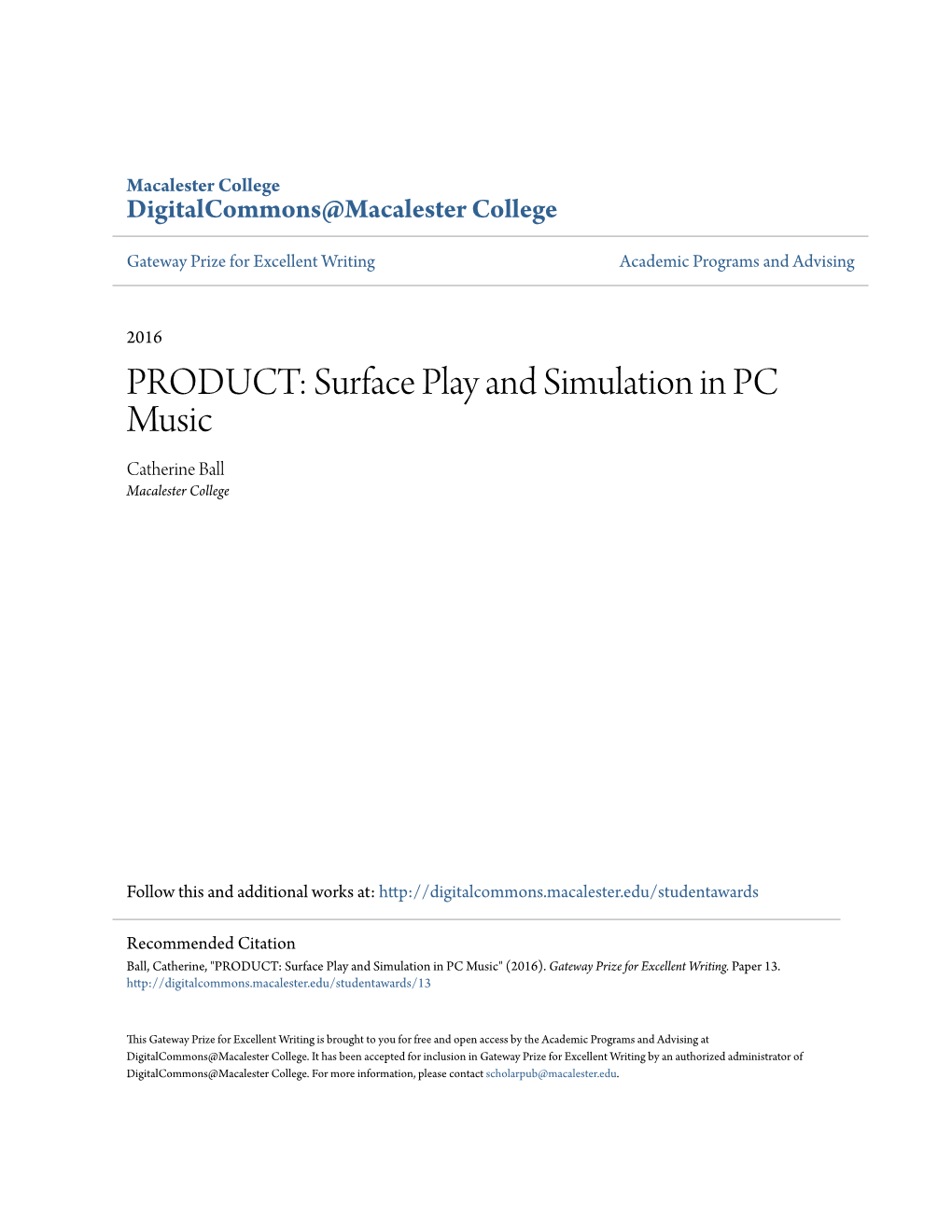 Surface Play and Simulation in PC Music Catherine Ball Macalester College