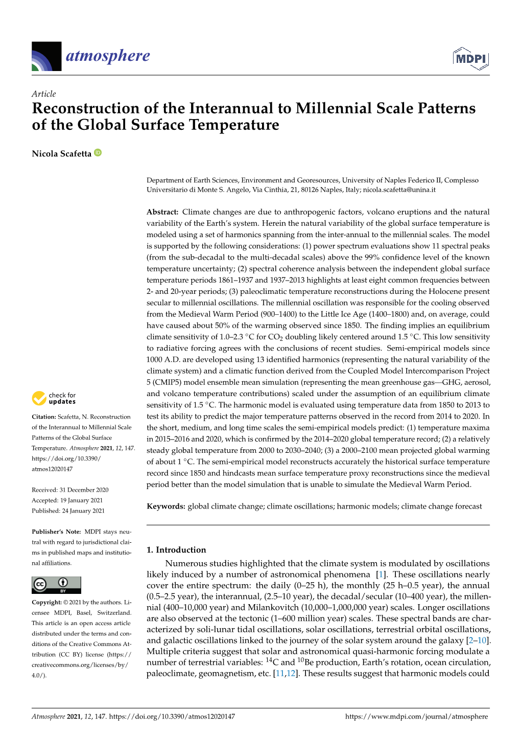 Reconstruction of the Interannual to Millennial Scale Patterns of the Global Surface Temperature
